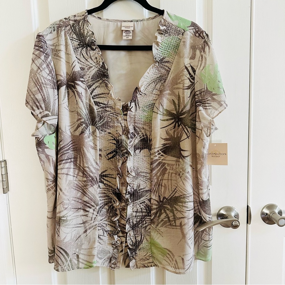 Covington Woman Palm Leaf Button Down Blouse Plus Size 22W NWT Tropical Top